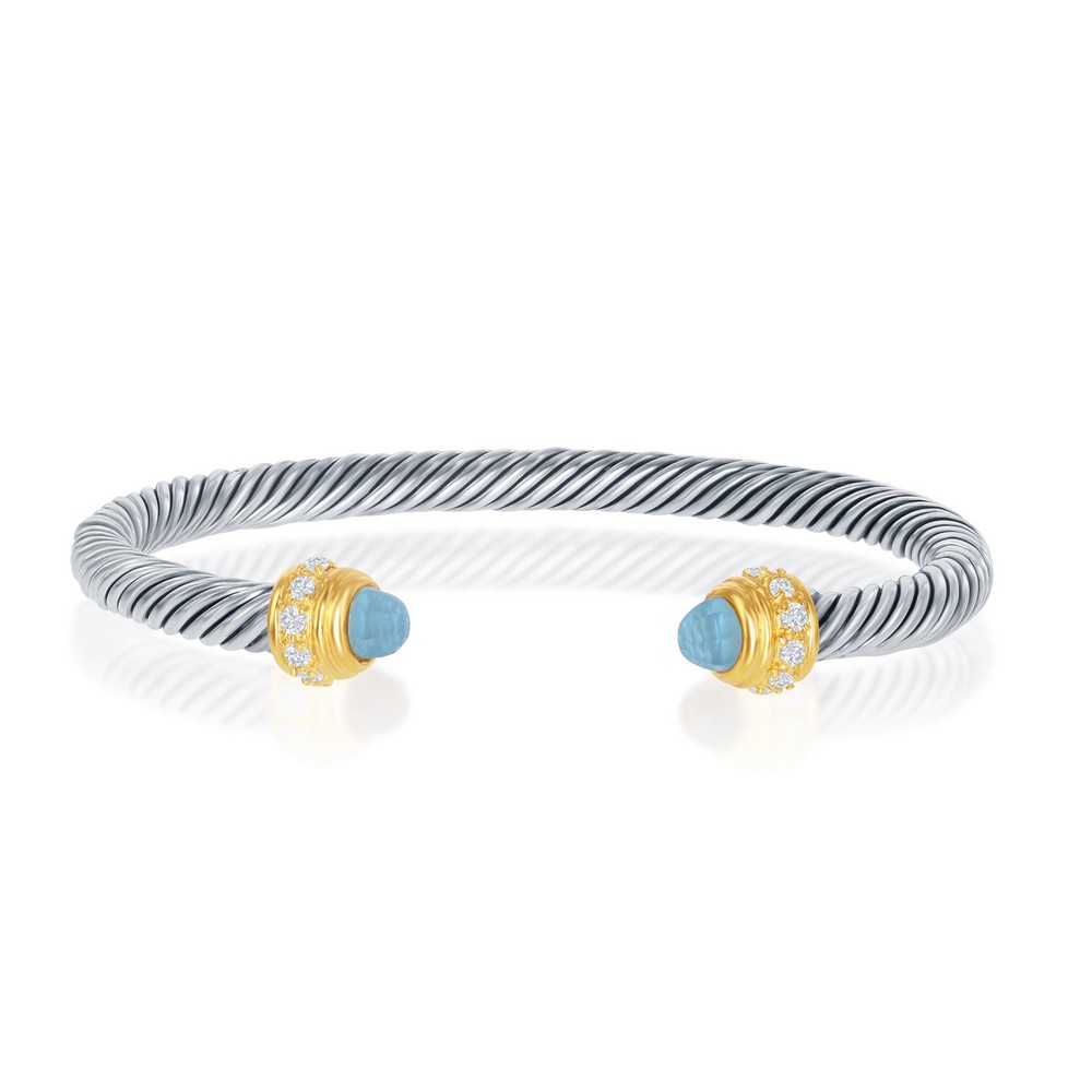 Sterling Silver 5mm Two-Tone Blue Topaz CZ Ends and Clear CZ Bangle