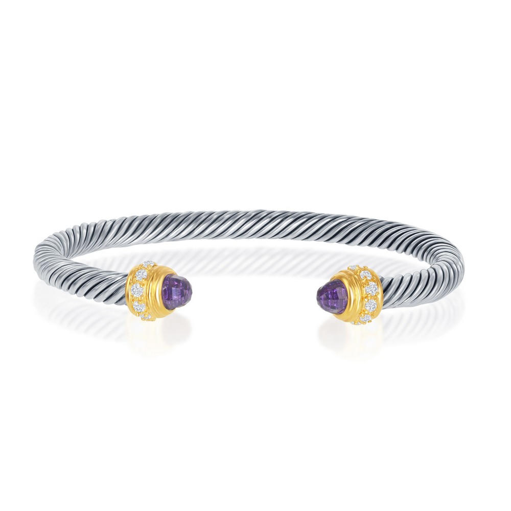 Sterling Silver 5mm Two-Tone Amethyst CZ Ends and Clear CZ Bangle