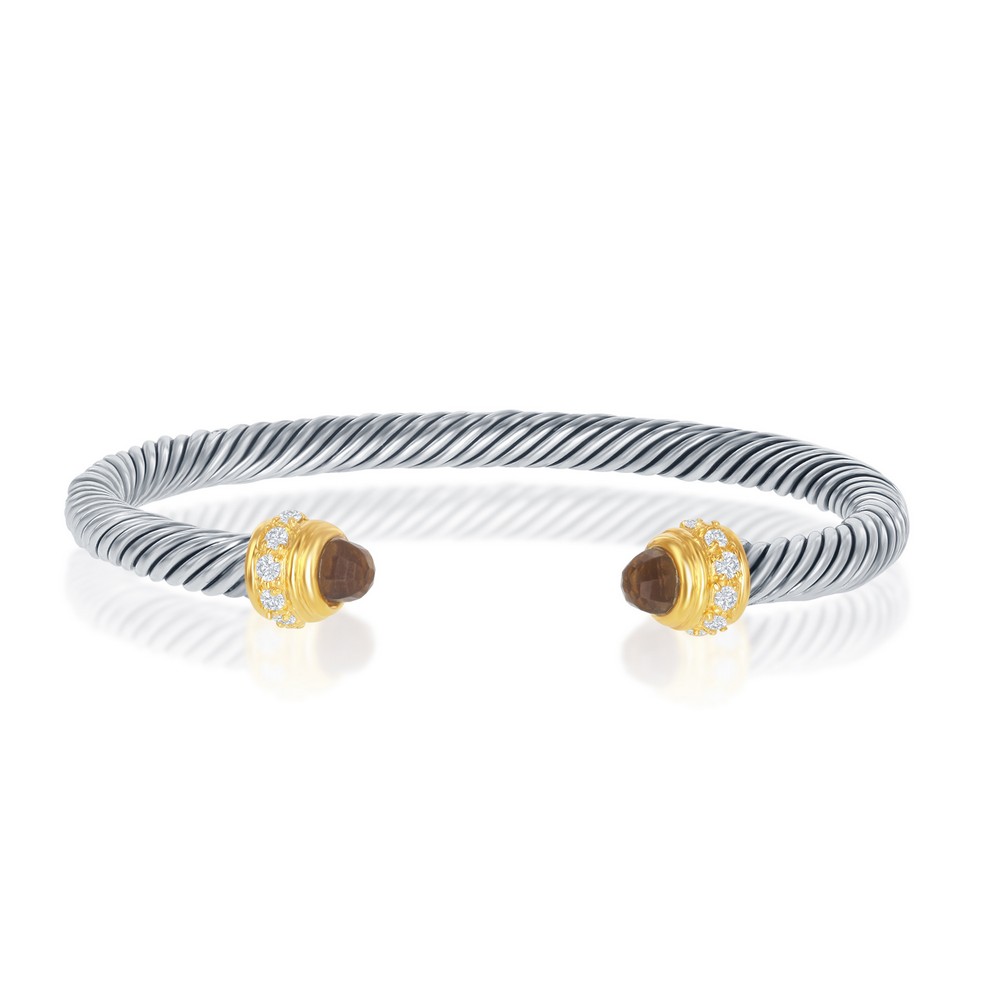 Sterling Silver 5mm Two-Tone Smokey Topaz CZ Ends and Clear CZ Bangle
