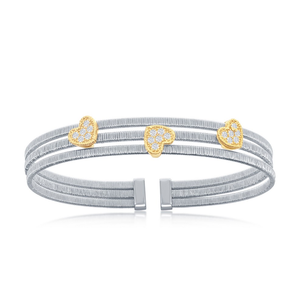 Sterling Silver CZ Heart Triple Wire Bangle&comma; Bonded with 14K Gold Plating