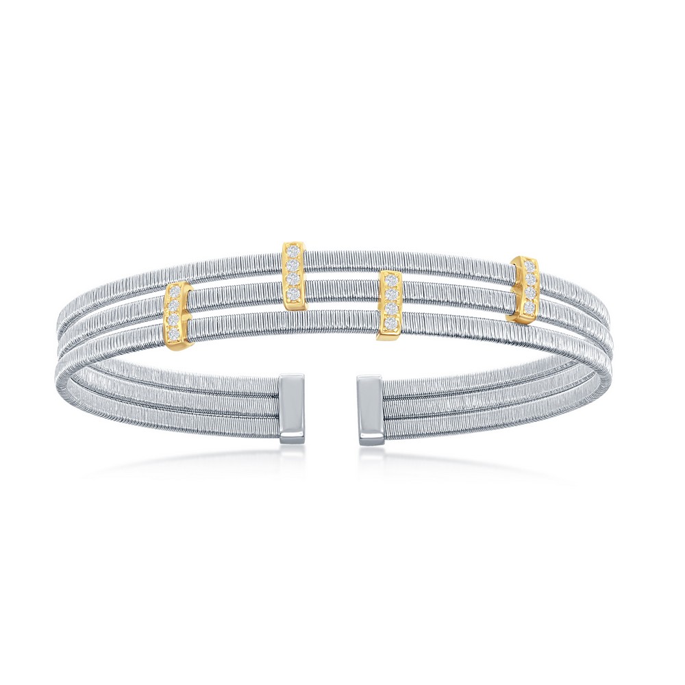 Sterling Silver CZ Bars Triple Wire Bangle&comma; Bonded with 14K Gold Plating