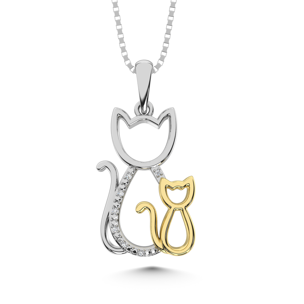 Diamond Cat & Fishbone Necklace 1/8 ct tw Sterling Silver 18