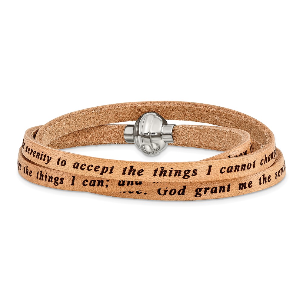 Stainless Steel Serenity Prayer Tan Leather Wrap 22.25 Inch