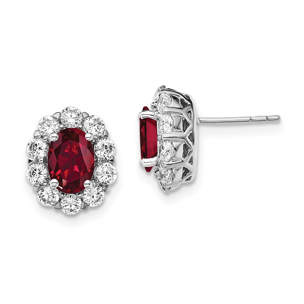 14K White Gold Lab Grown VS/SI FGH Dia and Oval Created Ruby Fashion Earrin