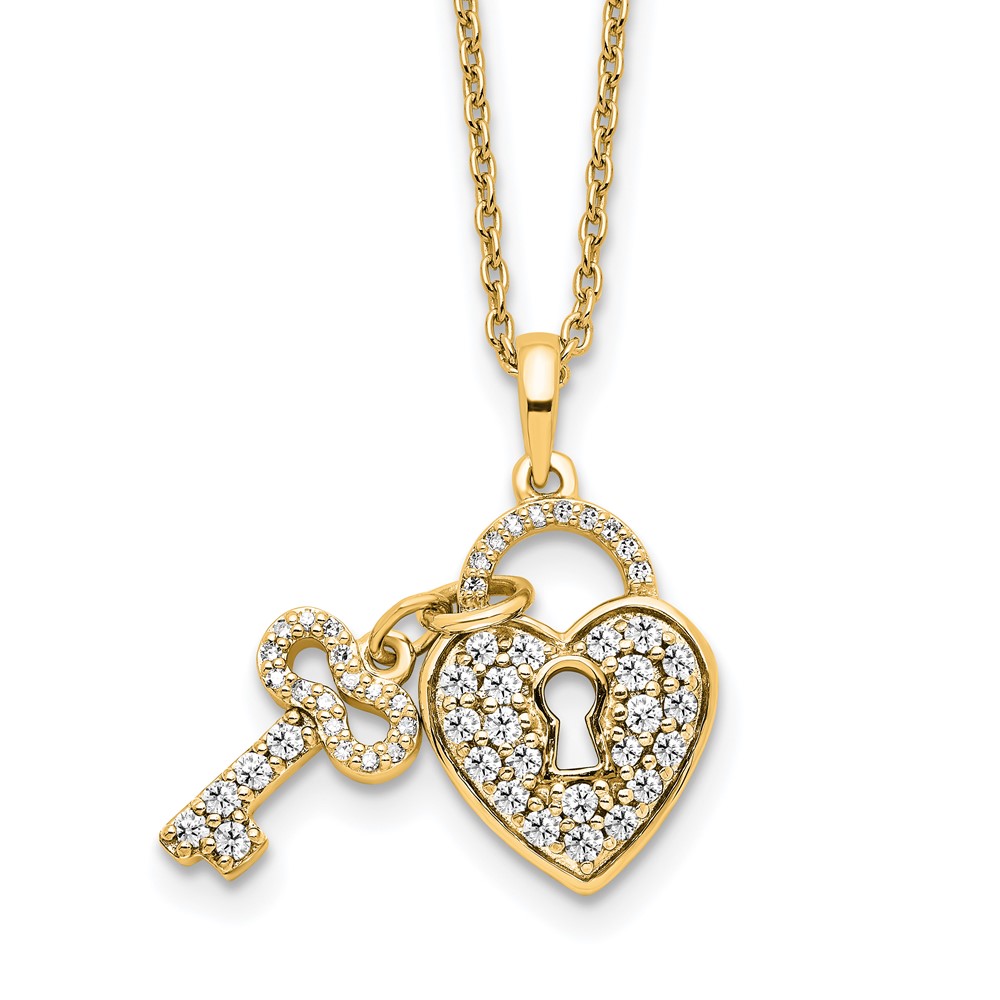 10K Yellow Lab Grown VS/SI FGH Dia Heart Lock and Key Pendant Necklace