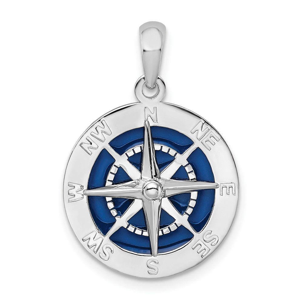 Sterling Silver Polished Enameled Compass Pendant - Unclaimed Diamonds