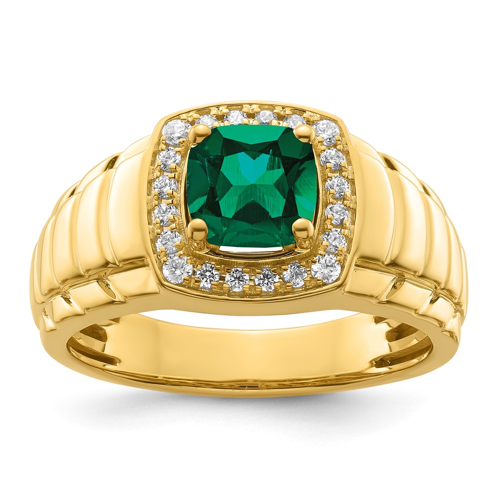 10k Yellow Gold Created Emerald & Lab Grown Diamond Men's Ring