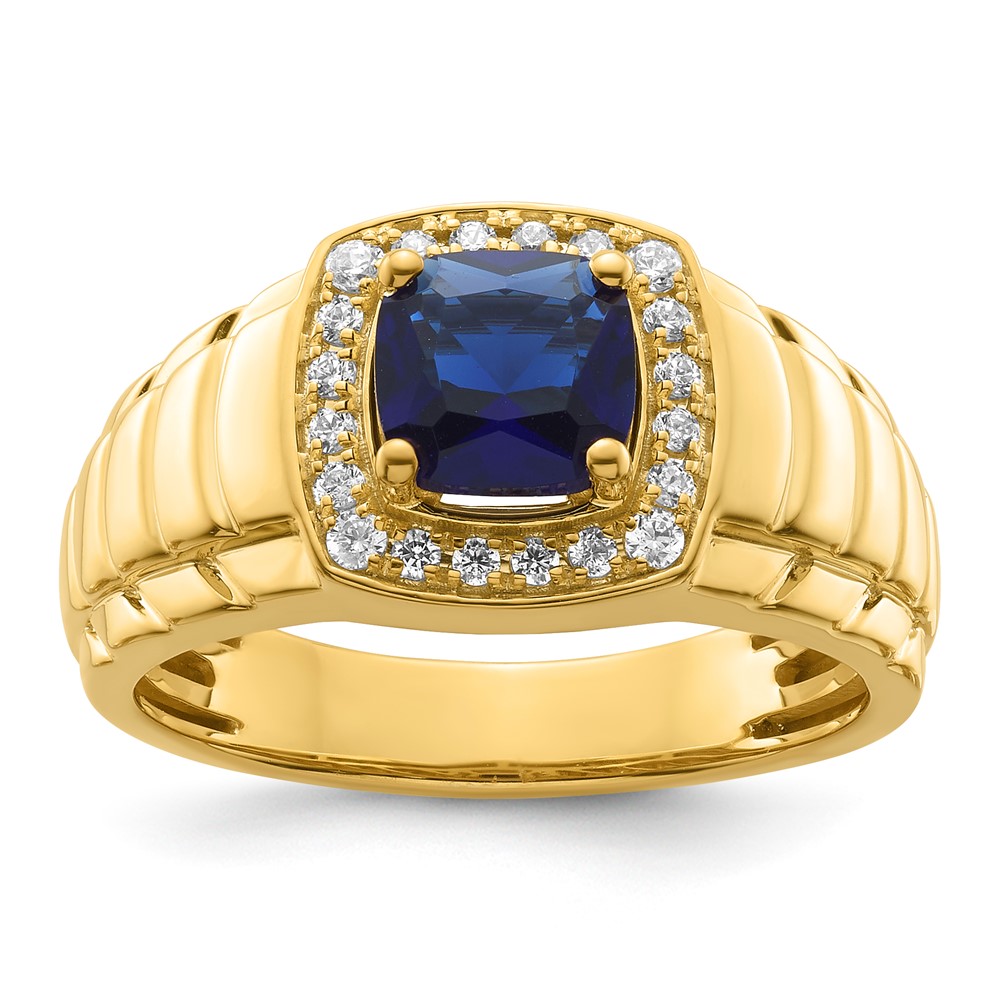 10k Yellow Gold Created Blue Sapphire & Lab Grown Diamond Men's Ring
