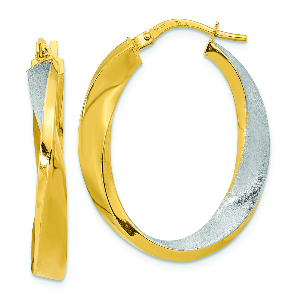 14K and Rhodium Polished and Satin Twisted Hoop Earrings 