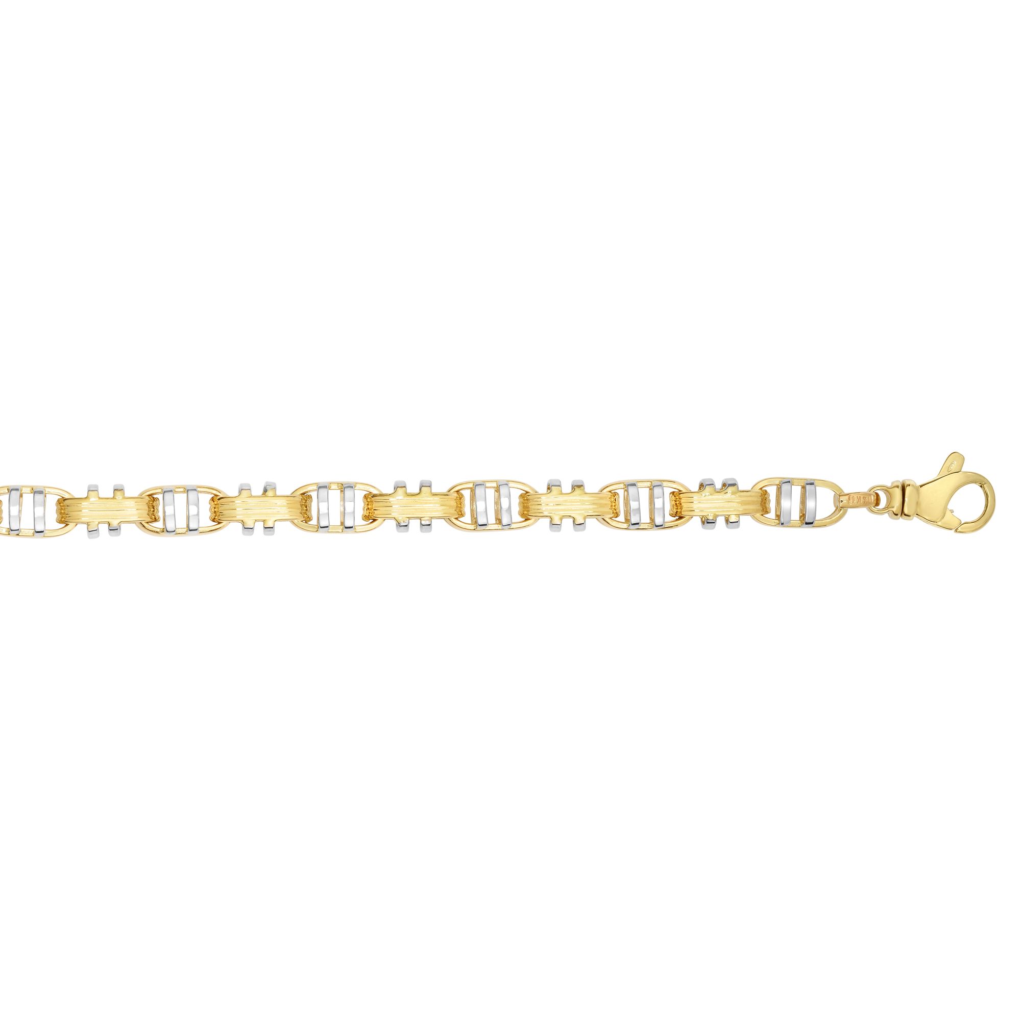 14kt 8.5 inches Yellow+White Gold Shiny+Ridged Fancy Dou ble Bar Mariner Style Link Bracelet with Lobster C lasp