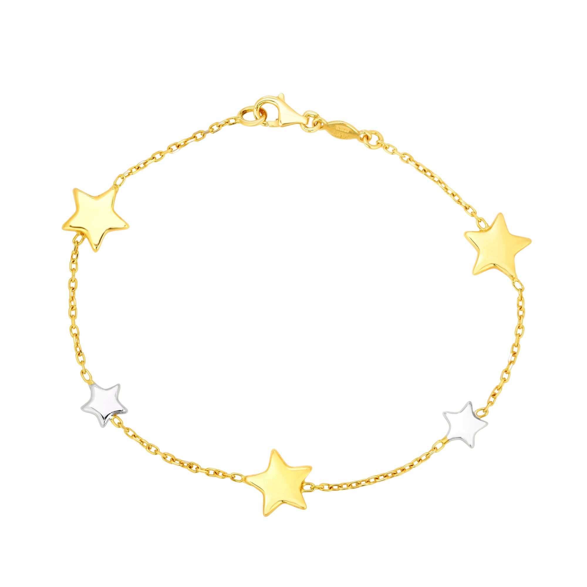 14kt Gold 7.5 Yellow+White Rhodium Finish 9.6mm Shiny Star Star Stationed Bracelet with Lobster Clasp 