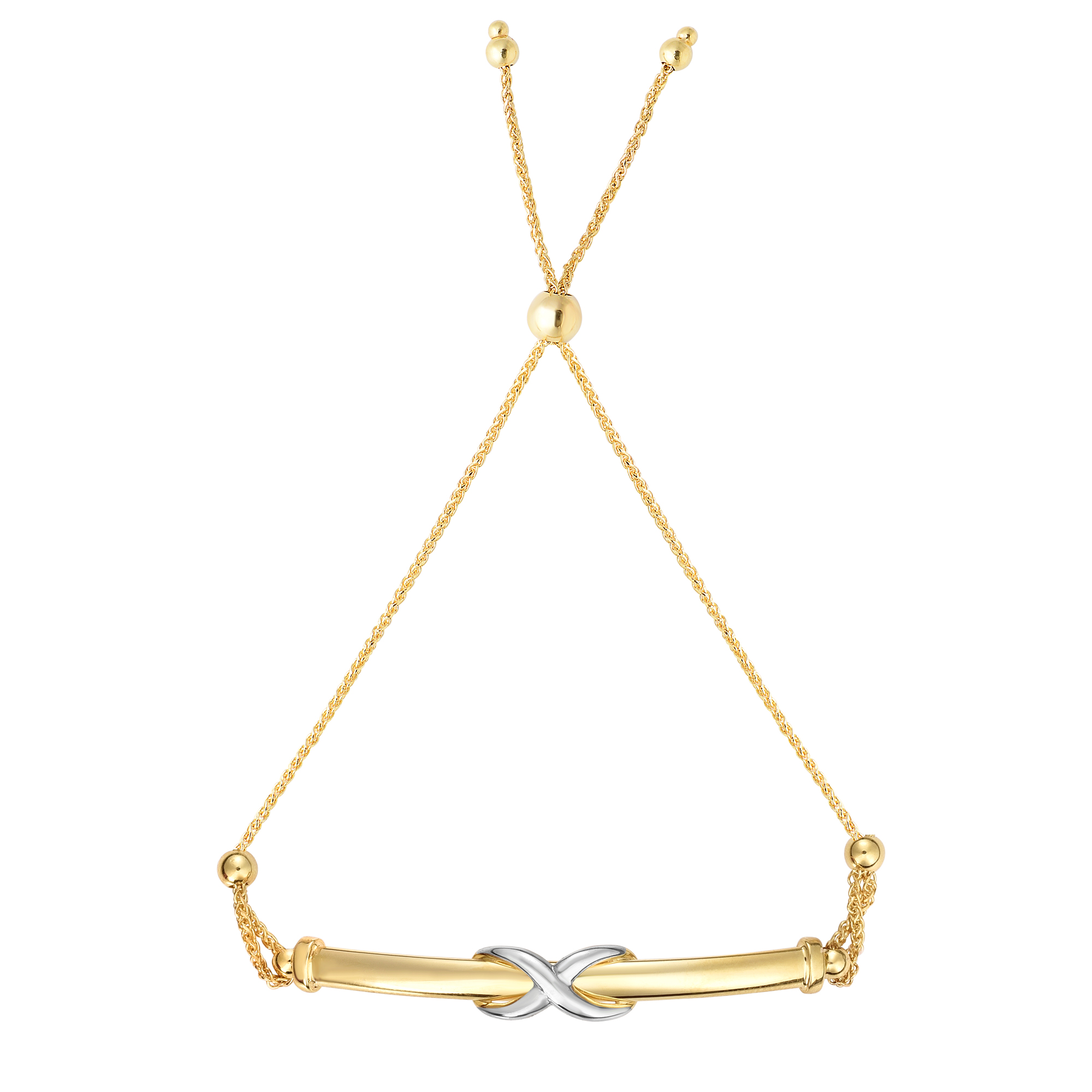 14kt Gold 9.25 inches Yellow+White Finish Chain:1mm+Pendant:6mm Shiny Bar Adjustable Friendship Bracelet with Draw String Clasp