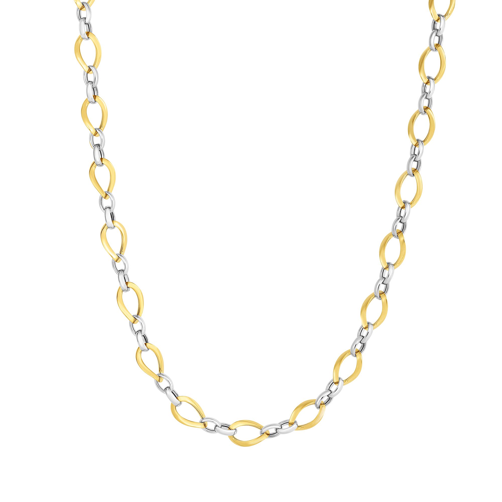 14kt Gold 18 inches Yellow+White Finish 7.4mm Shiny Twisted Oval Tube Link Necklace with Lobster Clasp