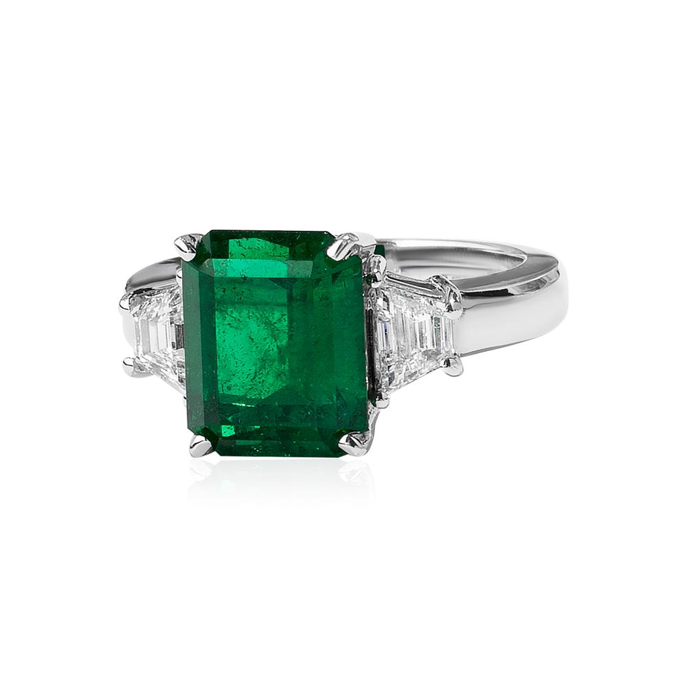 View CDC Certified Zambian Emerald Three Stone Ring