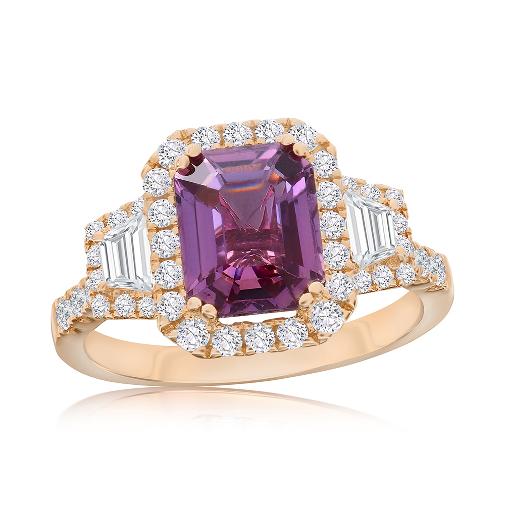 View GIA-certified NO HEAT Purple Sapphire Three-Stone Ring