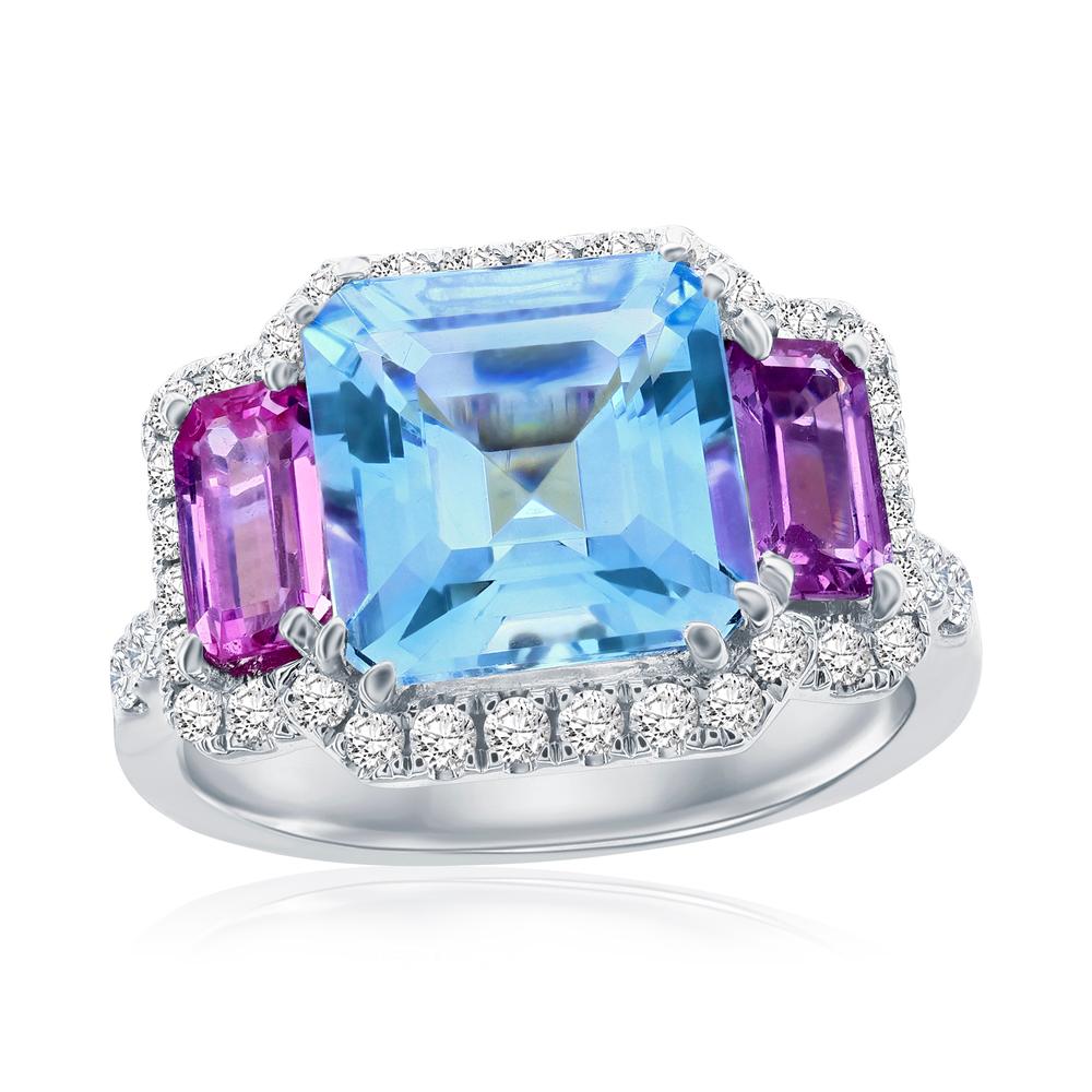 View Aquamarine and Pink Sapphire Three Stone Ring